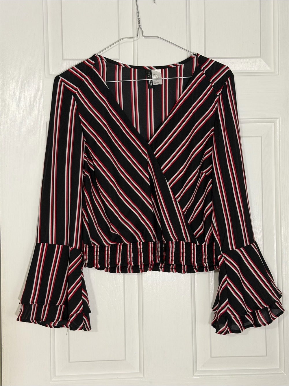 H&M Black Top with Red & White Stripes, Wrap-Style Bell Sleeve Size 6